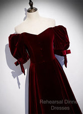 Wine Red Velvet A-Line Simple Party Dress, Wine Red Velvet Long Semi Formal Prom Dress
